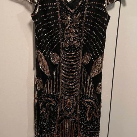 Black and Gold Sequin Flapper/Swing Midi Dress from Blossom Costumes - Size S - Picture 3 of 3